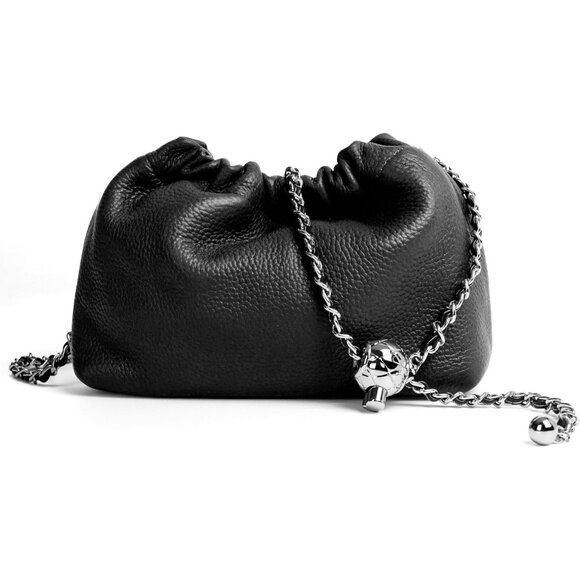 Handbags - Women's Black Genuine Leather Trendy Dumpling Crossbody Evening Clutch Vegan